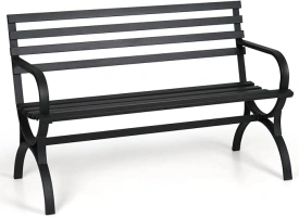 MFSTUDIO Outdoor Garden Patio Bench,Iron Metal Steel Frame Park Bench with Backrest and Armrest for Lawn, Porch, Backyard, Balcony-Black