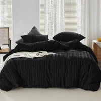 WARMDERN Black Striped Duvet Cover, BohoTextured Duvet Cover Tufted Bedding Set, 2 Piece Twin Size Washed Microfiber Duvet Cover with Zipper Closure & Corner Ties(Twin, Black)