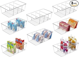 Clear Pantry Organizer Bins with Dividers - 8 Pack Refrigerator Organizer Containers, Perfect for Pantry Organization or Kitchen Storage, BPA Free