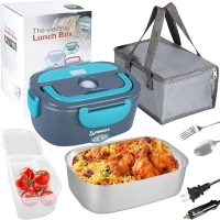 80W Electric Lunch Box 1.5L Container Food Warmer Heater, 12V/24V/110V Heated Lunchbox for Car/Truck/Work with 0.45L Compartment, Stainless Steel Spoon & Fork, Insulated Bag