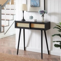 Rattan Console Table, Boho Entryway Tables, Vanity Desk, Rattan Dresser, Farmhouse Wood Sofa Table Behind The Couch, Modern Narrow Side Table for Hallway, Living Room, Foyer, 31", Black