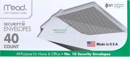 Mead #10 Envelopes, Security Printed Lining for Privacy, Gummed Closure, All-Purpose 20-Ib Paper, 4-1/8" x 9-1/2", White, 40 Letter Size Envelopes per Box (75214)