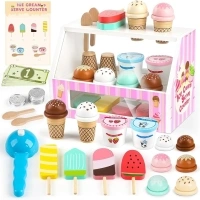 Dreamon Ice Cream Counter Playset for Kids, 38 PCS Wooden Ice Cream Set Shop for Toddlers 3-5, Toddler Pretend Play Toy, Christmas Birthday Gift for Boys and Girls