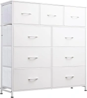 WLIVE 9-Drawer Dresser, Fabric Storage Tower for Bedroom, Hallway, Closet, Tall Chest Organizer Unit for Bedroom with Fabric Bins, Steel Frame, Wood Top, Easy Pull Handle, White