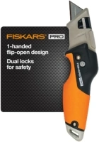 Fiskars Pro Retractable Folding Utility Knife, Box Cutter with Long-Lasting CarbonMax Razor Blade and Dual Lock Safety, Orange/Black