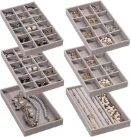 Frebeauty Jewelry Organizer Tray,Stackable Velvet Jewelry Trays,Drawer Inserts Earring Organizer For Women Girls Jewelry Storage Display Case for Rings Stud Necklaces,Set of 6(Grey)