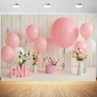 7x5ft First Birthday Backdrop Pink Flowers Balloons Photography Background Baby Girls 1st Birthday Party Cake Table Banner Decorations Supplies Photo Booth Props