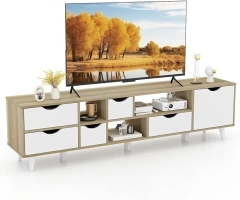 Tangkula White TV Stand, Mid Century Modern TV Console Table w/Storage, Television Stand w/ 5 Drawers & 3 Open Shelves, Home Living Room Media Entertainment Center for TVs up to 65” (Oak, 59" L)