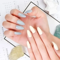 Almond Press on Nails Medium Fake Nails with Ultraviolet Milk White Light Turns Blue False Nails Designs Full Cover Stick on Nails Acrylic Glue on Nails for Women Decorations 24Pcs