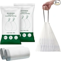 SONGMICS Trash Bags for 8-Gallon (30L) Trash Cans, 90 Count Drawstring Kitchen Garbage Bags, Pre-Separated, Liner Code 30A, 2 Rolls, White UKRB30A02