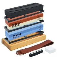 ZKH Sharpening Stone Set, 10 PCS Whetstone Knife Sharpener for Kitchen and Outdoor Knives, Double-Sided Grits 400/1000 3000/8000, Bamboo Base, Leather Pole, Black/White Flattening Stones