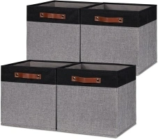 HNZIGE Storage Baskets for Organizing, Set of 4, Square Fabric Storage Cubes Bins 13 x 13, Collapsible Black Storage Bins for Shelves, Closets, Nursery, Home, Office (Black&Grey)