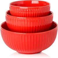 Hasense Large Mixing Bowls of 3, Porcelain Ribbed Bowls 1.5/1/0.5 Qt For Kitchen, Cooking, Baking and Serving Prep Bowls for Salad, Pasta, Modern Kitchen Dish Dishwasher & Microwave Safe, Red