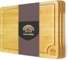 Cosy Family Wood Cutting Boards for Kitchen - Set of 3 - Bamboo Cutting Boards with Juice Groove, Serving Board Set, Thick Chopping Board for Meat, Veggies, Easy to clean, (M 12x8")