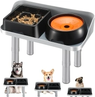 Elevated Dog Bowls Stand with No Spill Water Bowl and Slow Feeder, Raised Dog Bowls Stand Adjustable Height with Slow Feeder and Water Bowls, for Medium/Large Dogs (Gray)