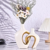 Beige Gold Ceramic Vase Modern with Hole Vase Set of 2, White Gold Donut Vases Nordic Minimalist Decorative Vase for Table Centerpiece Wedding Dining Living Room Office Home Decoration