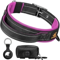 DAGANXI Dog Collar Adjustable Soft Neoprene Padded Breathable Reflective Strip Nylon Collar for Small Medium Large Dogs, with Airtags Case and Dog Poop Bags Dispenser (Medium, Black/Pink)