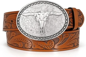 Western Leather Belt for Men Women Cowgirl Cowboy Western Longhorn Bull Buckle Belt for Jeans Christmas Gifts Belts