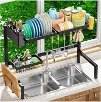 Over The Sink Dish Drying Rack 2 Tiers, for All Sinks (24.8"-35.4"),Expandable Large Capacity Sink Rack, Metal Drying Rack for Kitchen and Family Use