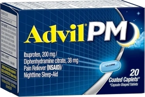 Advil PM (20 Count) Pain Reliever/Nighttime Sleep Aid Coated Caplet, 200mg Ibuprofen, 38mg Diphenhydramine