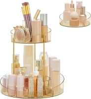 SONGMICS Makeup Organizer, 2-Tier Round Rotating Skincare Organizer, Extra Top Tray Included, Customizable, Large Capacity, Toiletries Vanity Organizer, Champagne Gold UJKA027A01