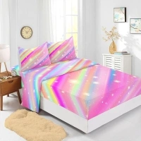 Rainbow 4 Pieces Bed Sheets Soft Microfiber Pink Stripe Glitter Bedding Set Fitted Sheet Deep Pockets Top Flat Sheet Room Decor Colorful Full Size with 2 Pillowcases for Girls and Boys Kids