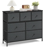 SONGMICS Brent Collection - Dresser for Bedroom, Chest of Drawers, Closet Organizer and Storage Cabinet with 7 Fabric Drawers, Metal Frame, Ebony Black and Ink Black ULTS117B01