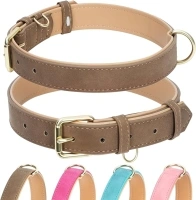 Leather Dog Collar for Small Medium Large Dogs, Soft Padded Dog Leather Collar with Heavy Duty Gold Buckle, Durable & Comfortable for Small Dogs Daily Walking (Light Brown, S)