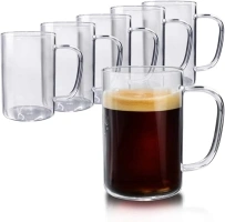 Schliersee Glass Coffee Mugs Set of 6, 10 OZ Glass Tea Cups, Clear Transparent Thin Cup for Tea, Juice, Milk, Beer, Water Hot, Cold Beverages, 300 ml