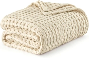 Bedsure Cooling Cotton Waffle Queen Size Blanket - Lightweight Breathable Blanket of Rayon Derived from Bamboo for Hot Sleepers, Luxury Throws for Bed, Couch and Sofa, Beige, 90x90 Inches