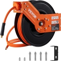 VEVOR Retractable Air Hose Reel, 3/8 IN x 50 FT Hybrid Air Hose Max 300PSI, Air Compressor Hose Reel with 5 ft Lead in, Ceiling/Wall Mount Heavy Duty Single Arm Steel Reel