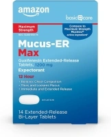 Amazon Basic Care Maximum Strength Chest Congestion and Mucus Relief, Guaifenesin Extended-Release Tablets, 1200 mg, 14 Count