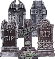 17” Halloween Foam RIP Graveyard Tombstones, 5 Pack Tombstone with 10 Metal Stakes for Halloween Decorations