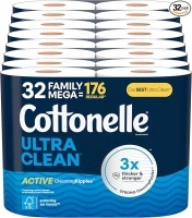 Cottonelle Ultra Clean Toilet Paper with Active CleaningRipples Texture, 32 Family Mega Rolls (32 Family Mega Rolls = 176 Regular Rolls) (8 Packs of 4), 353 Sheets Per Roll, Packaging May Vary