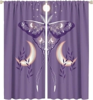 Moth Curtains Purple Sun Moon Star Plant Moth Pattern Blackout Print Rod Pocket Window Drapes for Bedroom Living Room 42x45in