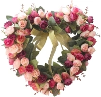 Rose Flowers Wreath Heart-Shaped Garland Wreath Vintage Art Simulation Floral Artificial Wreath for Home Wedding Decoration (Pink)