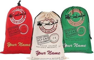 Personalized Drawstring Christmas Sack, 3 Pack, Beige, Green or Red - Add Your Name - Custom Embroidered Santa Canvas Stocking Bags for Kids, Family