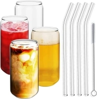 brimley 20z Can Shaped Beer Drinking Glasses Set - Cool Novelty Borosilicate Glass Gift for Beer Lovers (4 Glasses, 4 Bent Glass Straws, 1 Straw Cleaner)