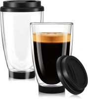 Double Walled Glass Travel Coffee Mug with Silicone Lids, 12 oz Insulated Clear Coffee Cups Set of 2, Reusable Iced Coffee Mugs for Morning Coffee, Latte, Americano, Tea Bag, Hot or Cold Drink