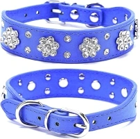 Rhinestone Dog Collar, Cute Flower Rhinestone Cat Dog Collar Bling Collar PU Leather Collar Adjustable Sizes Small Medium Large (L:31-37cm, Dark Blue)