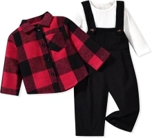 Unutiylo Toddler Baby Boy Clothes Set Infant Boy Overalls Outfit Fall Winter Long Sleeve Romper+Suspender Pants+Plaid Jacket