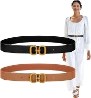 XZQTIVE 2 Pack Skinny Elastic Belt for Women Thin Stretch Waist Belt Ladies Dress Belt with Gold Buckle for Jeans Pants