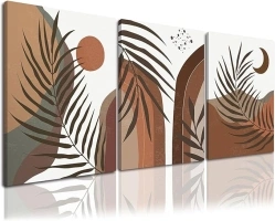 Boho Wall Art Set of 3 Modern Wall Art Canvas Prints Boho Wall Decor Minimalist Palm Leaf Sun and Moon Brown Abstract Wall Art For Living Room Bedroom Office Home Wall Decor 8"x10"x3 Unframed