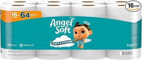 Angel Soft Toilet Paper, 16 Mega Rolls = 64 Regular Rolls, Soft and Strong Toilet Tissue