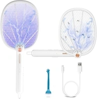 Electric Fly swatter Racket,2 in 1 Electric Bug Zapper Indoor with 1500mAh Battery,USB Rechargeable Mosquito Zapper with 5 Mosquito Lure lamp Beads,Fly swatter for Indoors（ Brush Included）