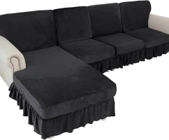 NAISI Couch Cushion Covers 3 Pieces with Skirt Individual Velvet Sofa Covers Washable Stretch Sectional Couch Covers L Shape for Both Left and Right Chaise Lounge(2 Seater+1 Chaise,Black)