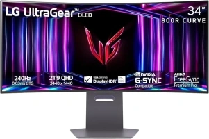 LG 34GS95QE 34-inch Ultragear OLED Curved Gaming Monitor WQHD 800R 240Hz 0.03ms DisplayHDR True Black 400 AMD FreeSync Premium Pro NVIDIA G-Sync HDMI 2.1 DisplayPort Tilt/Height/Swivel Stand Black