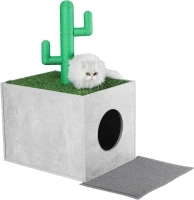 MEEXPAWS Cat Litter Box Enclosure with Cactus Cat Tree Tower, Hidden Litter Box Furniture with Cactus Scartching Post and Artificial Grass, Large Wooden Cat Washroom Cabinet Dog Proof|Litter Mat