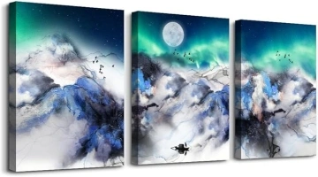 TTHYUEWS Canvas Wall Art For Living Room Farmhouse Wall Decor Art For Bedroom Office Wall Decoration Abstract Mountain Wall Pictures Blue Auroral Scenery Paintings Prints Artwork Home Decor 3 Piece