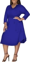 CLOCOR Womens Casual Plus Size Dresses V Neck 3/4 Sleeve A-Line Split Swing Midi Dress with Belt & Pockets